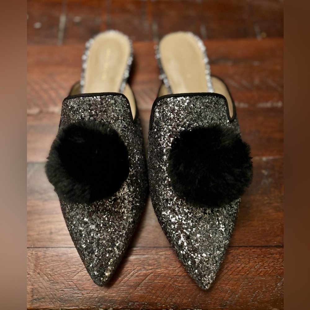 Ann Taylor Glitter Mules with Black Pom Pom